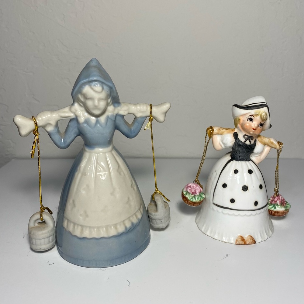Vintage Ceramic Dutch Milk Maid Figurine Bells, lot of 2